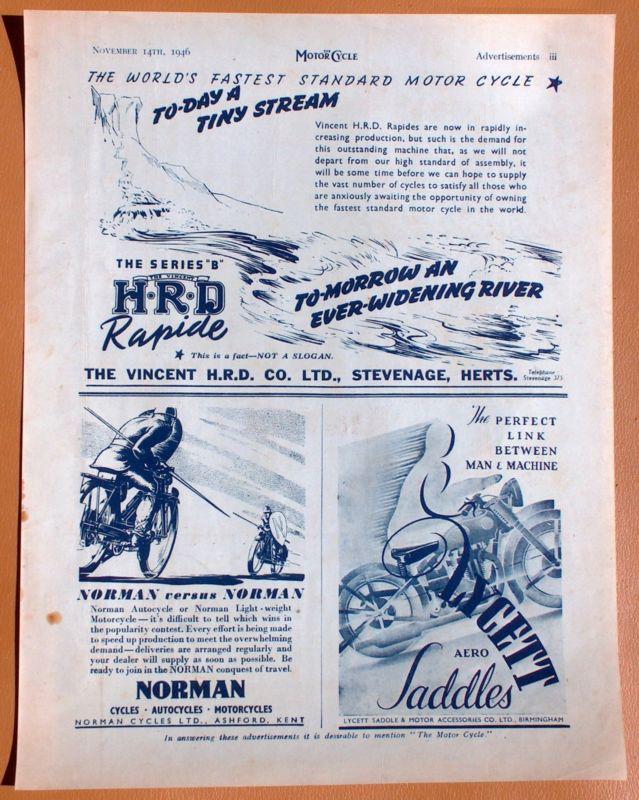 1285   1946 vincent hrd half page ad and more, reverse for lodge spark plugs!