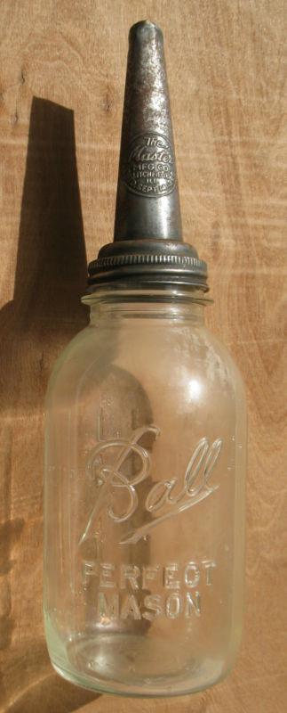 Old vtg antique glass ball jar master oil filler spout gas station can car part