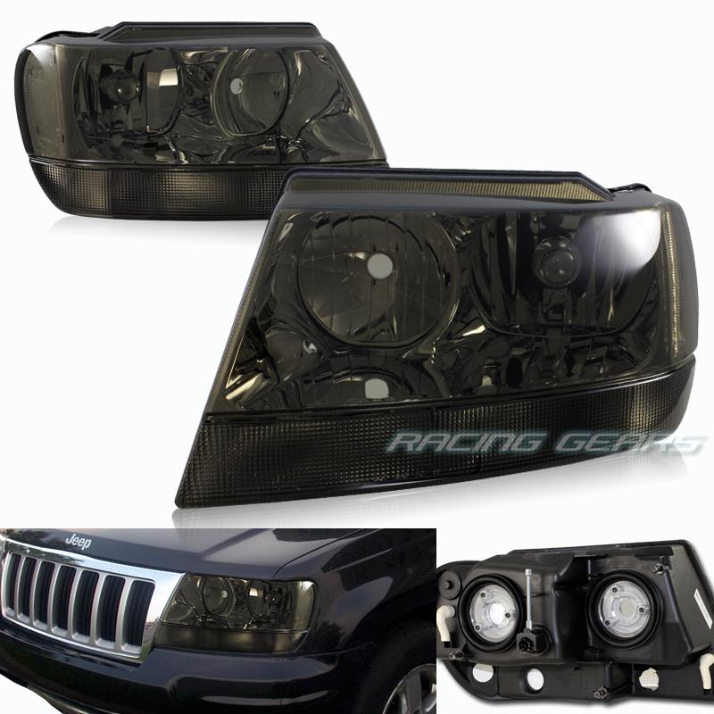 1x pair 1999-2004 jeep grand cherokee smoked housing smoke lens headlights lamp