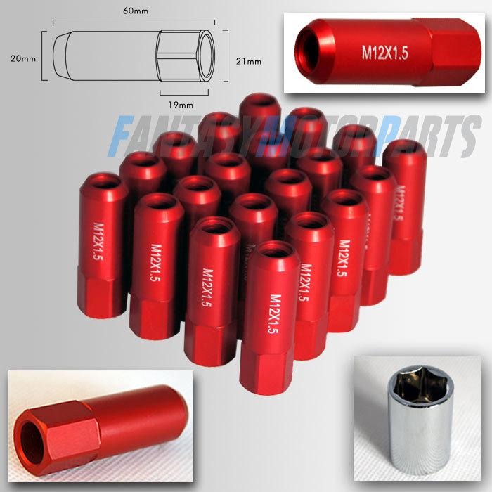 12x1.5mm 20pcs 60mm matt red extended wheel lug nuts nut open end chevy cadillac