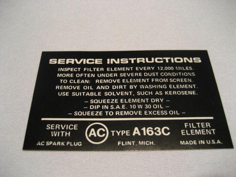 Corvette air cleaner fuel injection service instruction decal, 1963 - 1964