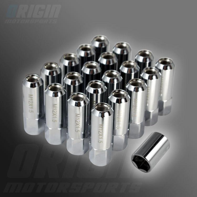 20 pcs extended wheel rim racing cnc lug nut 60mm m12 x 1.5mm - chrome w/ lock