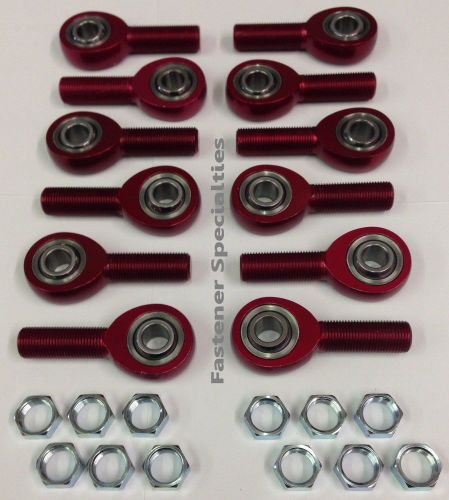 Sprint car aluminum teflon lined rod ends / heims &amp; jam nuts- red- total of 12