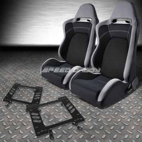 Pair type-r gray black cloth sport racing seat+bracket for 79-98 mustang