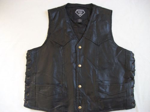 Mens leather vest diamondplate black motorcycle vest size large(l)