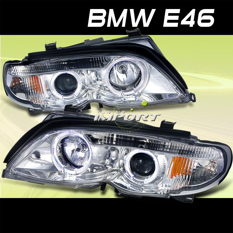 02-05 bmw e46 4dr chrome drl dual halo projector head lamps lights 3-series set