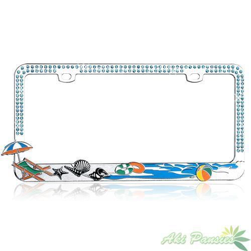Beach design with blue bling crystals decor metal car license plate frame