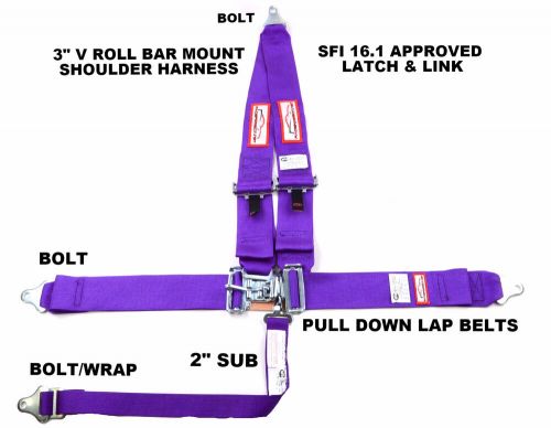 Racing harness 5 point sfi 16.1 v mount 3&#034; latch &amp; link purple made in the usa