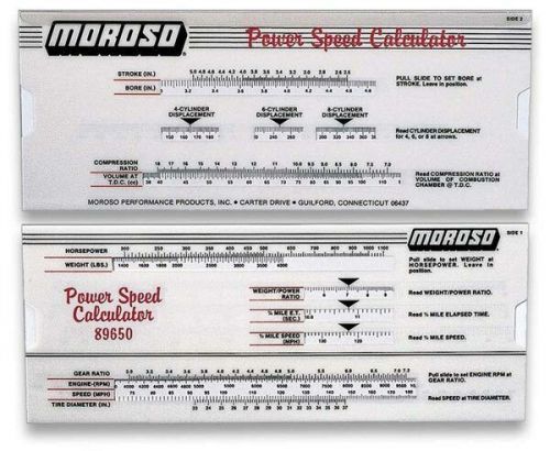 Moroso 89650 power-speed calculator slide rule - hp, 1/4 mile mph/et &amp; more!