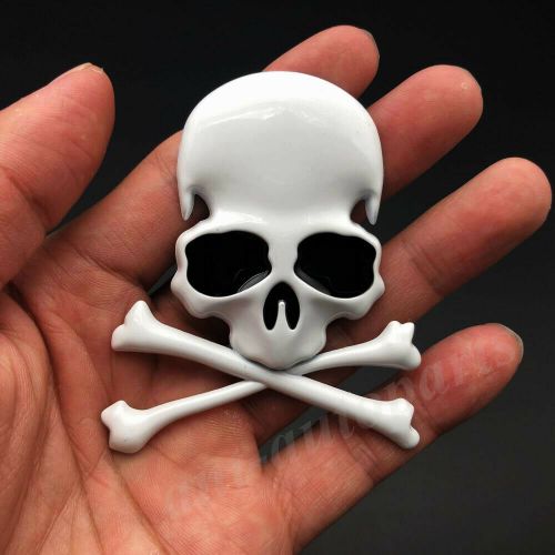 1x 3d white metal skull skeleton cross car trunk emblem badge decal sticker new