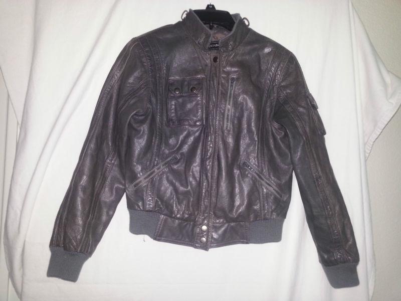 Vtg womens gray leather steinmark cafe racer/motorcycle jacket size 12/medium