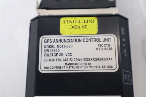 Mid-continent instrument md41-228 gps annunciation control unit w/ connector 28v