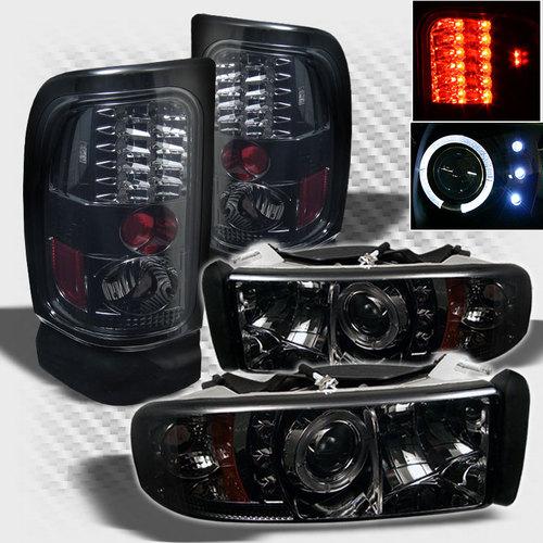 Smoked 94-01 dodge ram halo led projector headlights lights+led tail lights set