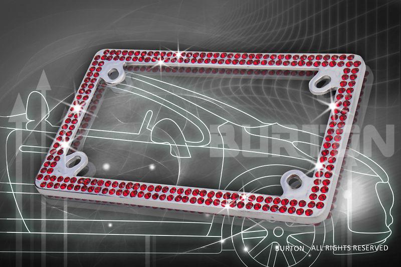 Bling 2 row motorcycle red real crystal embedded chrome license plate frame 