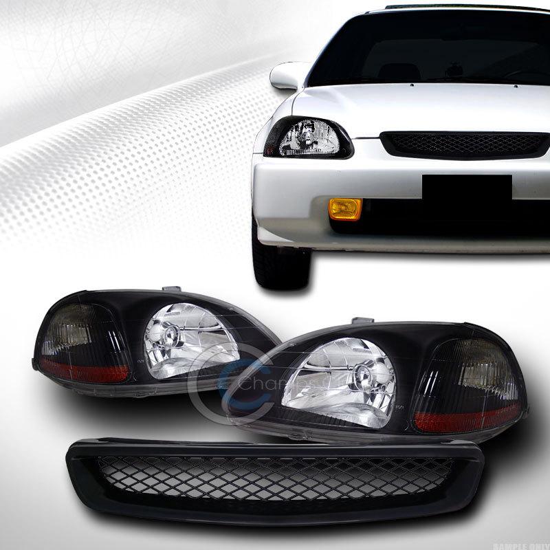 Black head lights signal lamps amber dy+mesh grill grille abs 96-98 civic ek ek9