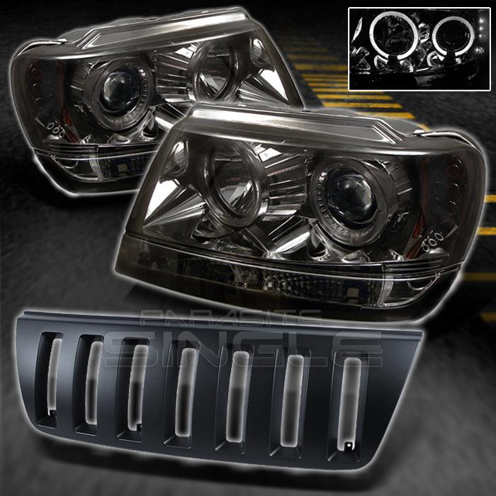 Smoked 99-04 grand cherokee halo projector led head lights +black sport grill