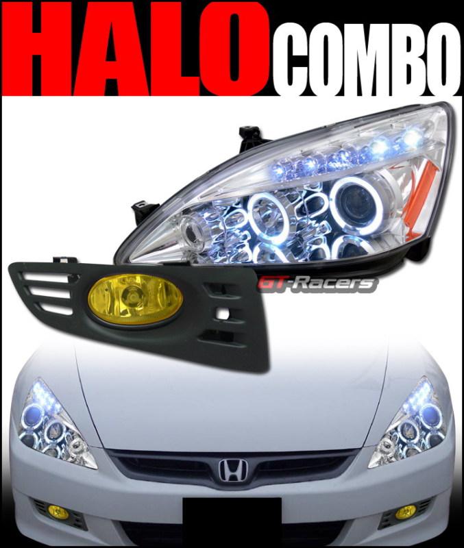 Chrome halo led projector head lights+bumper fog yellow 2003-2005 accord 2d/2dr