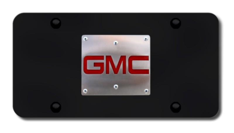 Gm gmc brushed stainless logo on black license plate made in usa genuine