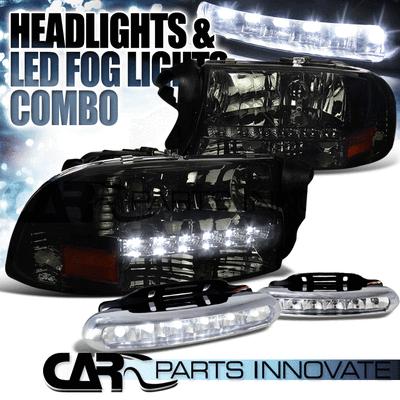 97-04 dodge dakota durango crystal smoke smd led headlights+led fog bumper drl