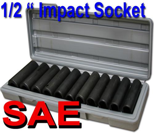 12pcs 1/2" deep impact socket set sae mould case 3/8", 7/16", 1/2", 9/16", 5/8"