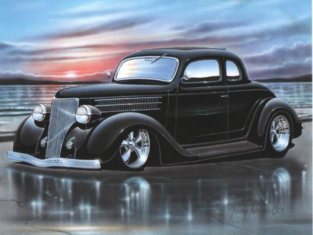 1936 ford 5 window coupe streetrod car automotive art print black