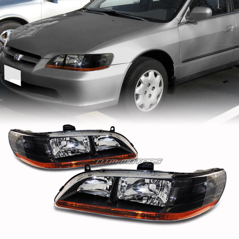 98-02 honda accord jdm style black housing headlight lamps with amber reflector