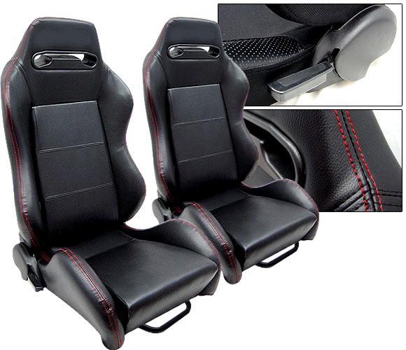 1 pair black pvc leather & red stitch racing seats reclinable toyota *