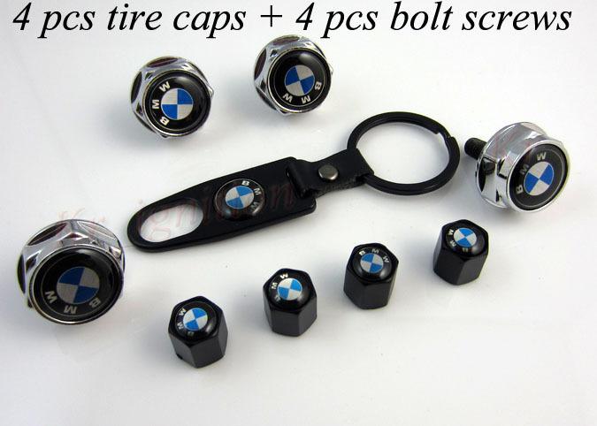 8 pcs license plate bolt screws&tire/wheel valve cap&wrench key chain for bmw 