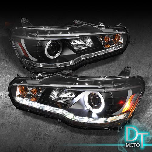 Black 08-12 lancer evo-x halo projector headlights w/daytime drl led strip light