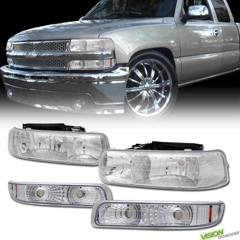 Pair 99-02 silverado 00-06 tahoe/suburban chrome head lights+bumper/corner lamps