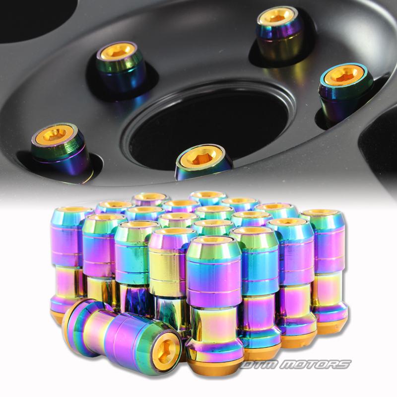 M12 x 1.25mm thread pitch 1.9" long wheel rim lug nuts - 20pc rainbow / orange