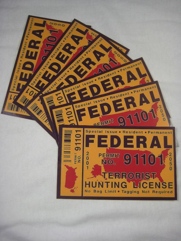 6 pack! federal terrorist  hunting permit vinyl waterproof decal sticker