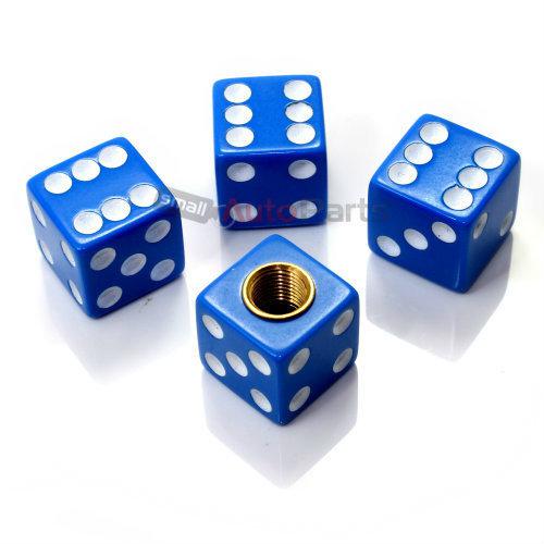 (4) blue dice cube tire/wheel stem air valve caps covers car truck hot rod atv