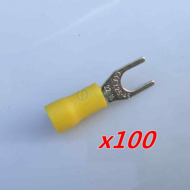 100x yellow insulated fork spade crimp connector terminals fit awg 22-16 cable