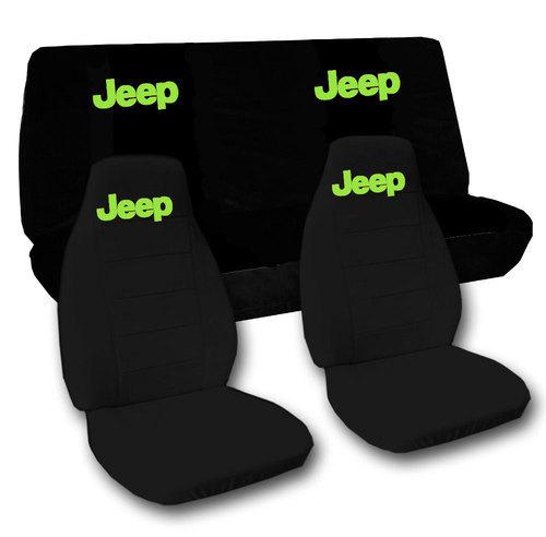 Jeep wrangler tj  car seat covers in black front- rear bench with jeep in lime 