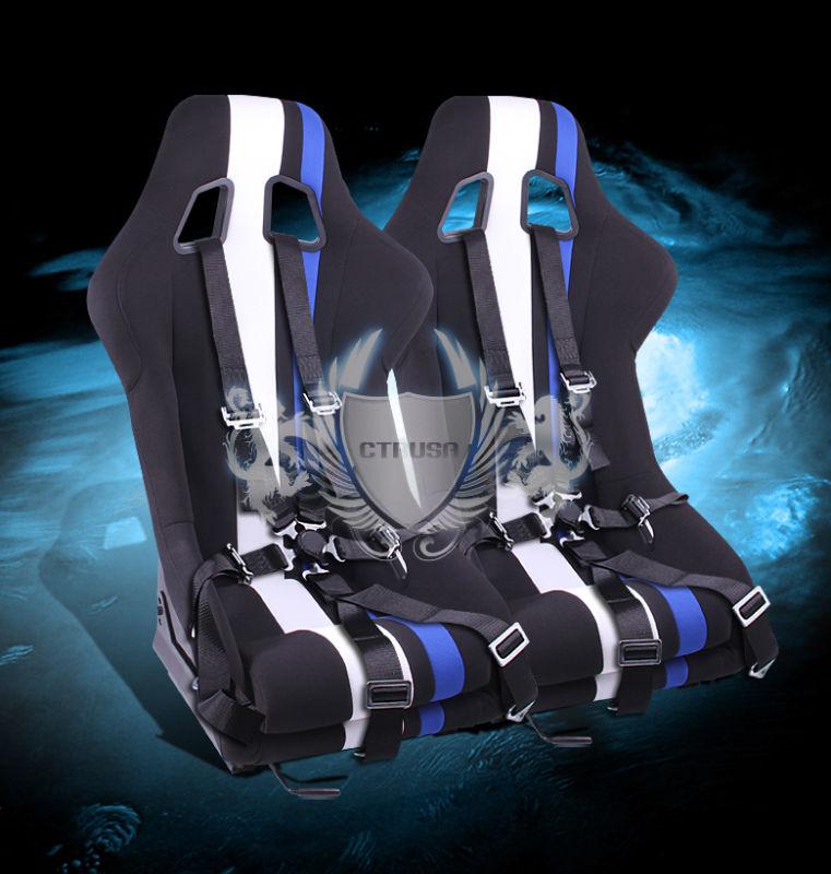 2x black/white blue stripe fabric racing bucket seats + 6-pt belt camlock strap