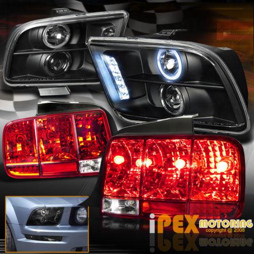 2005-2009 ford mustang halo led projector black headlights+sequential tail light