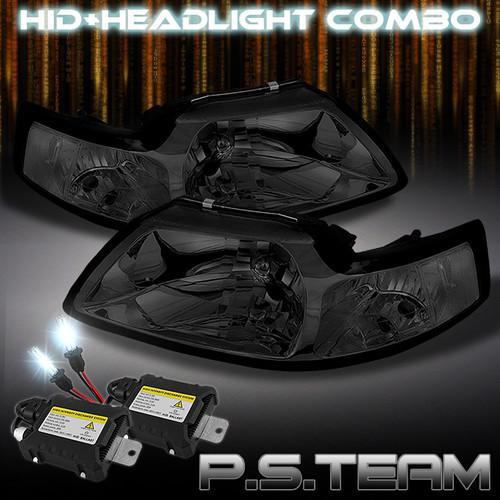 Smoked 99-04 ford mustang crystal headlights lights +6000k slim xenon hid kit