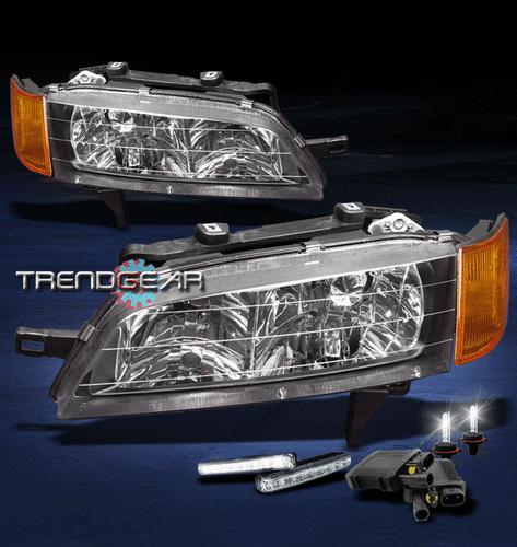 94-97 honda accord jdm black crystal head light w/amber corner+led drl+6000k hid