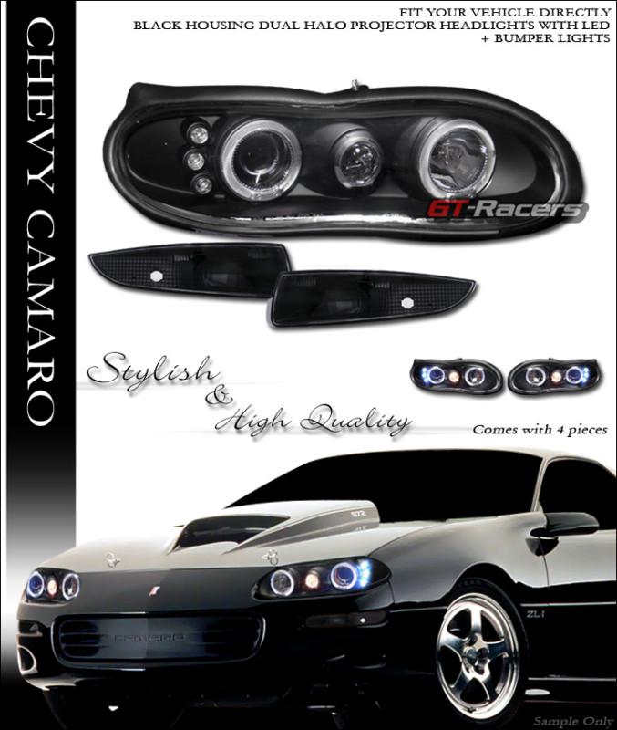 Blk drl led halo projector head lights lamps+signal bumper 1998-2002 camaro z28