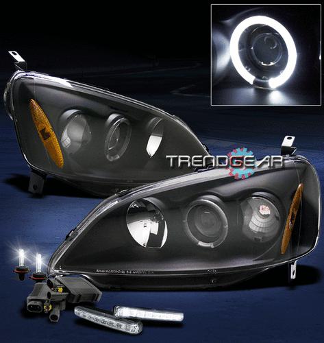 01-03 honda civic 2/4dr halo jdm black projector head light w/drl led signal+hid