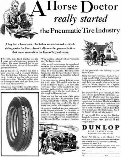 Dunlop tire 1929 - dunlop tire ad - a horse doctor really started the pneumatic