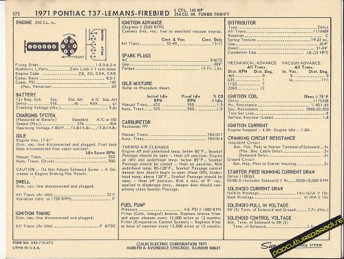 1971 pontiac t37/lemans/firebird 250 ci / 145 hp car sun electronic spec sheet