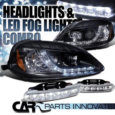 99-00 civic 2/3/4dr black r8 drl projector headlights+6-led drl fog lamps