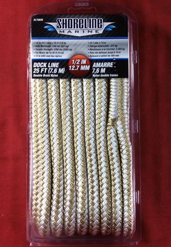 Dock line double braided nylon 1/2&#034; x 25&#039; gold &amp; white rope shoreline sl75826