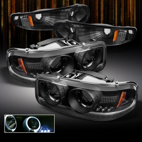 00-06 yukon/sierra denali black halo projector led headlights+bumper signal lamp