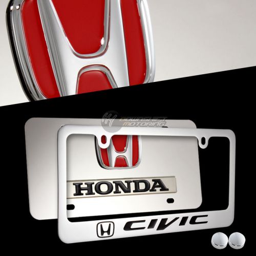 3d honda civic stainless steel license plate frame w/ caps - 2pcs front &amp; back