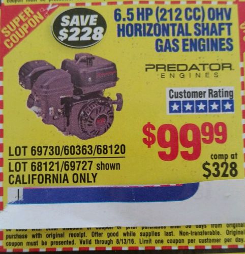 Harbor freight coupon save $228 on a 6.5 hp predator gas engine coupon only $99