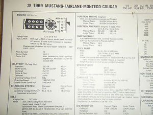 1969 ford mustang fairlane 351 cu in 290 hp 4 bbl carb sun tune up spec sheet