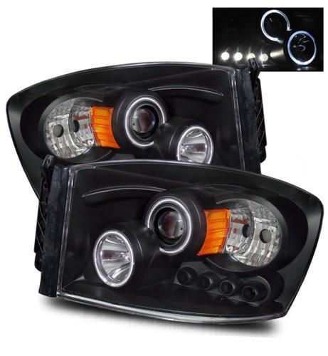 06-08 dodge ram led angel eye halo black projector headlights amber reflector